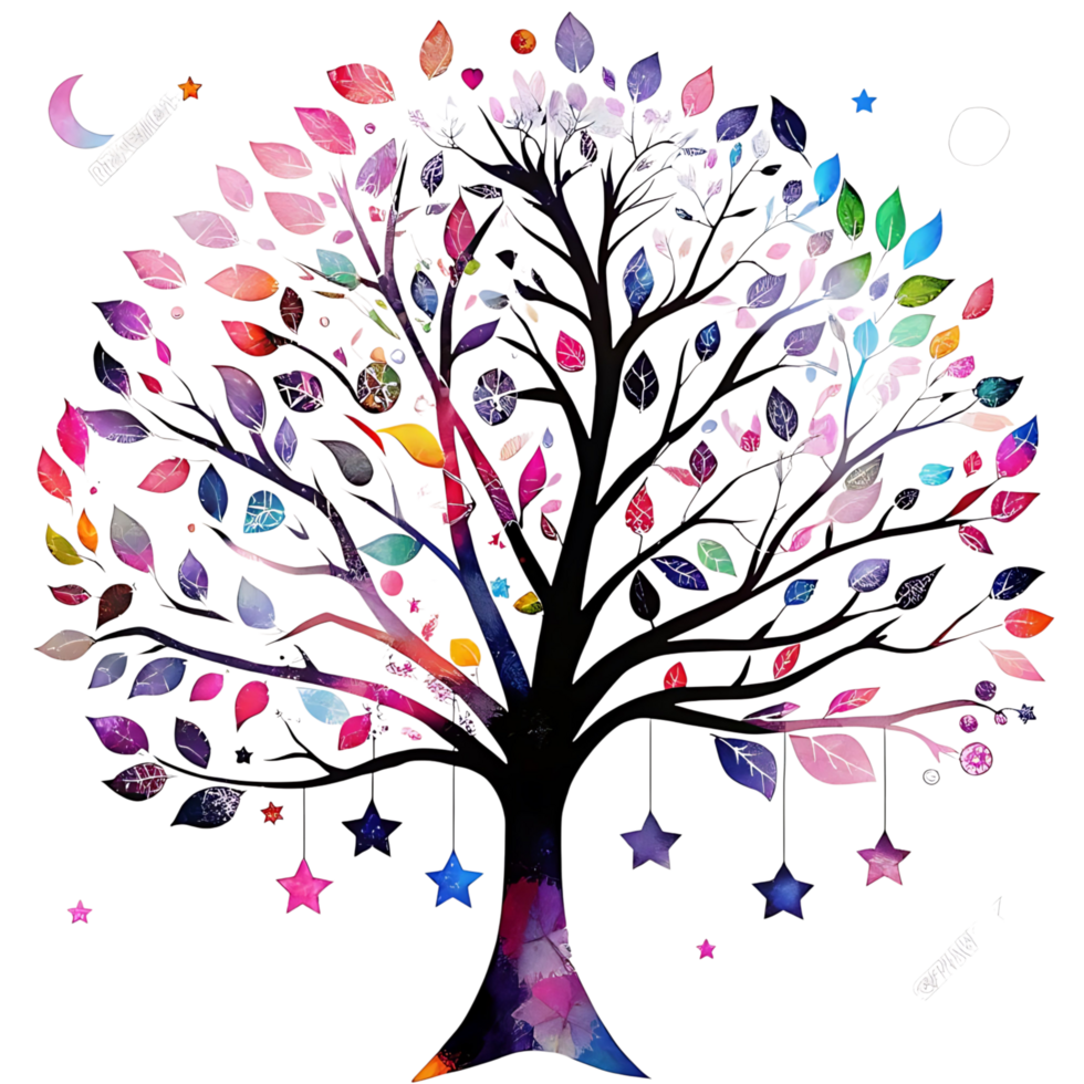A vibrant watercolor painting of a whimsical tree with colorful leaves and stars png
