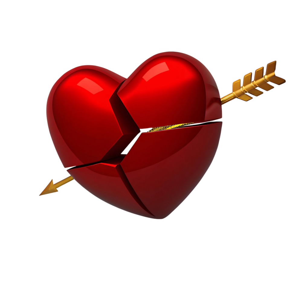 A Broken Red Heart Pierced by a Golden Arrow on transparent Background 3D Render png
