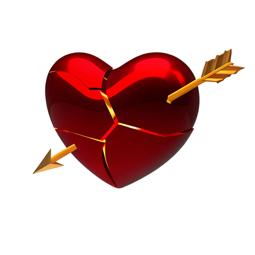 A 3D Render of a Broken Red Heart Pierced by a Golden Arrow on a transparent Background png