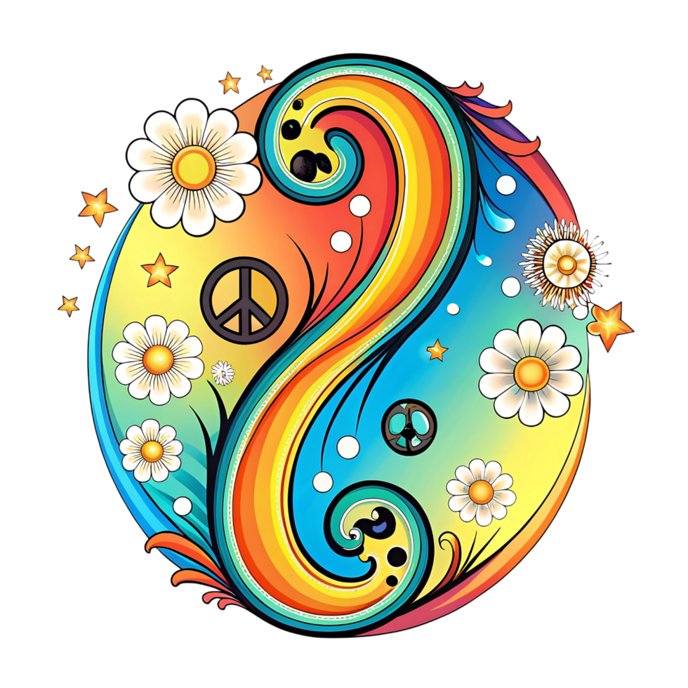 Psychedelic Rainbow Yin Yang with Peace Symbol and Daisies Floral Design png
