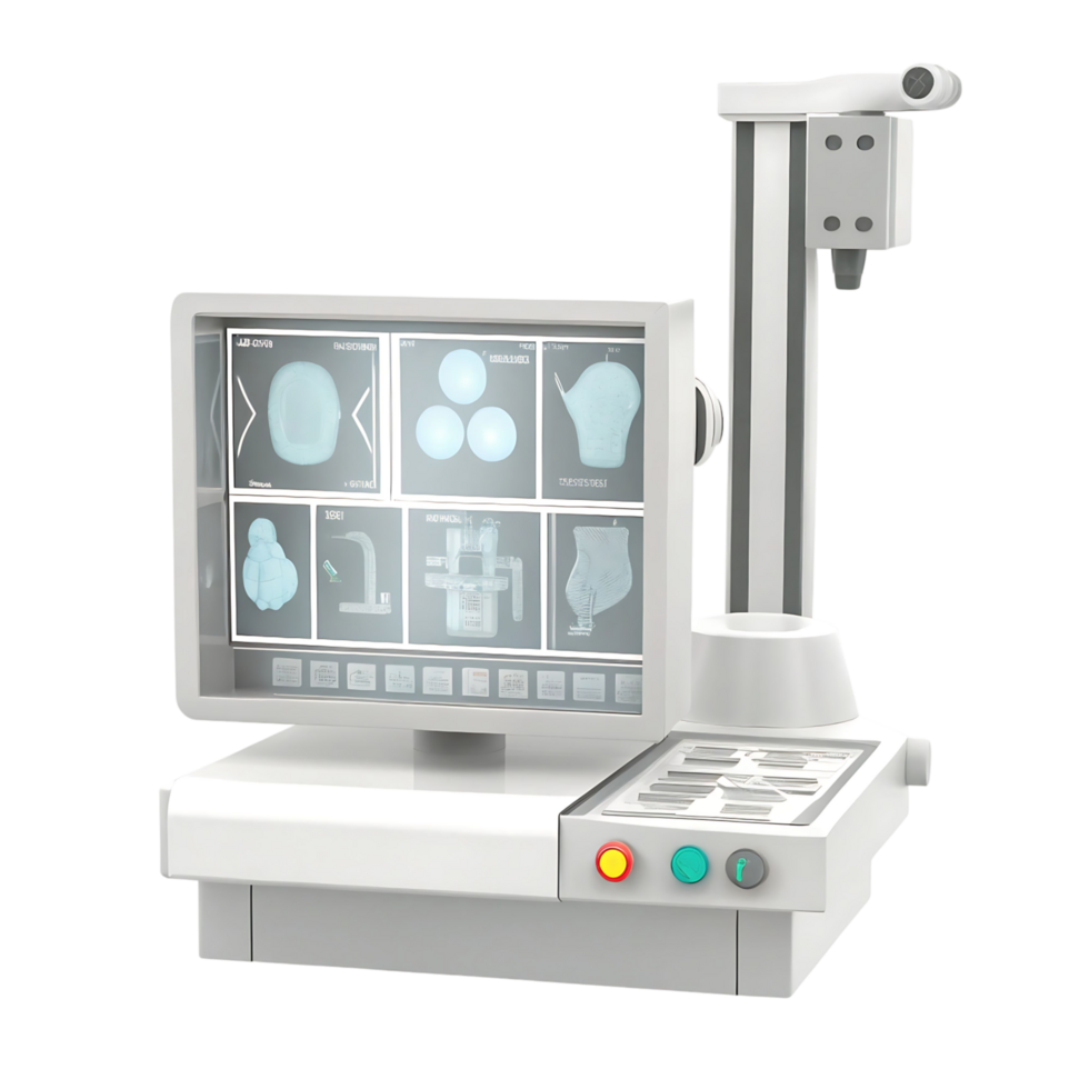 Advanced Medical Imaging System with High Resolution Display and Robotic Arm png