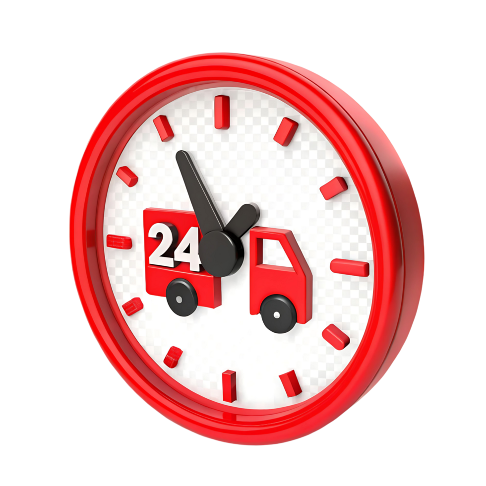 24 Hour Delivery Service Clock with Red Truck Icon 3D Illustration Fast Shipping Concept png