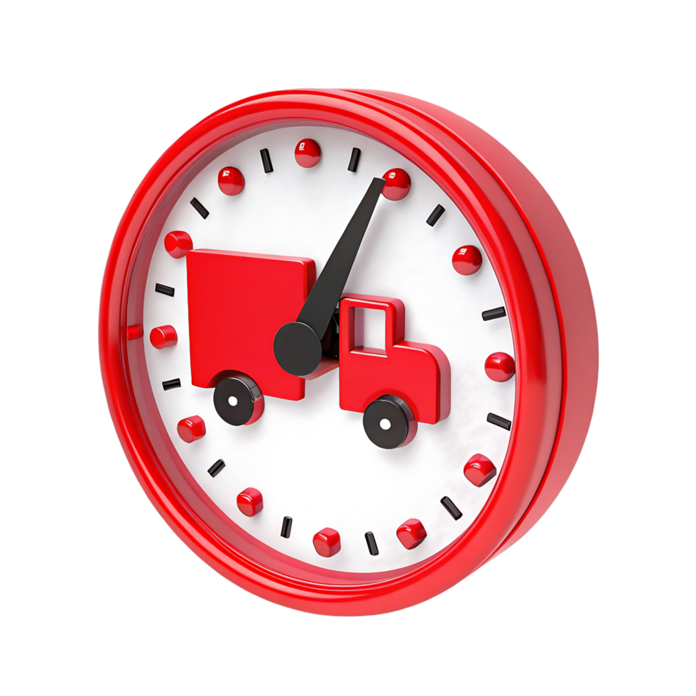 Red Clock with Toy Trucks Showing Punctual Delivery Time png