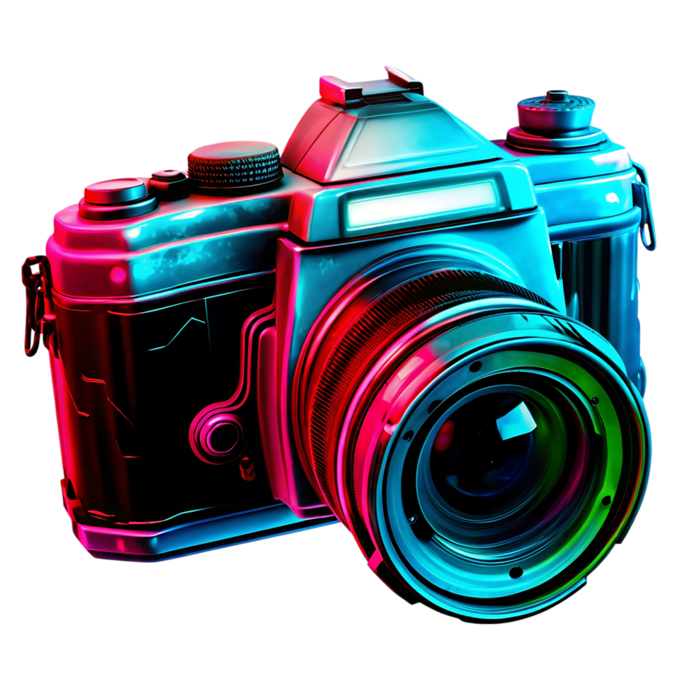 Retro Futuristic Camera in Neon Pink and Blue Lighting 3D Render png