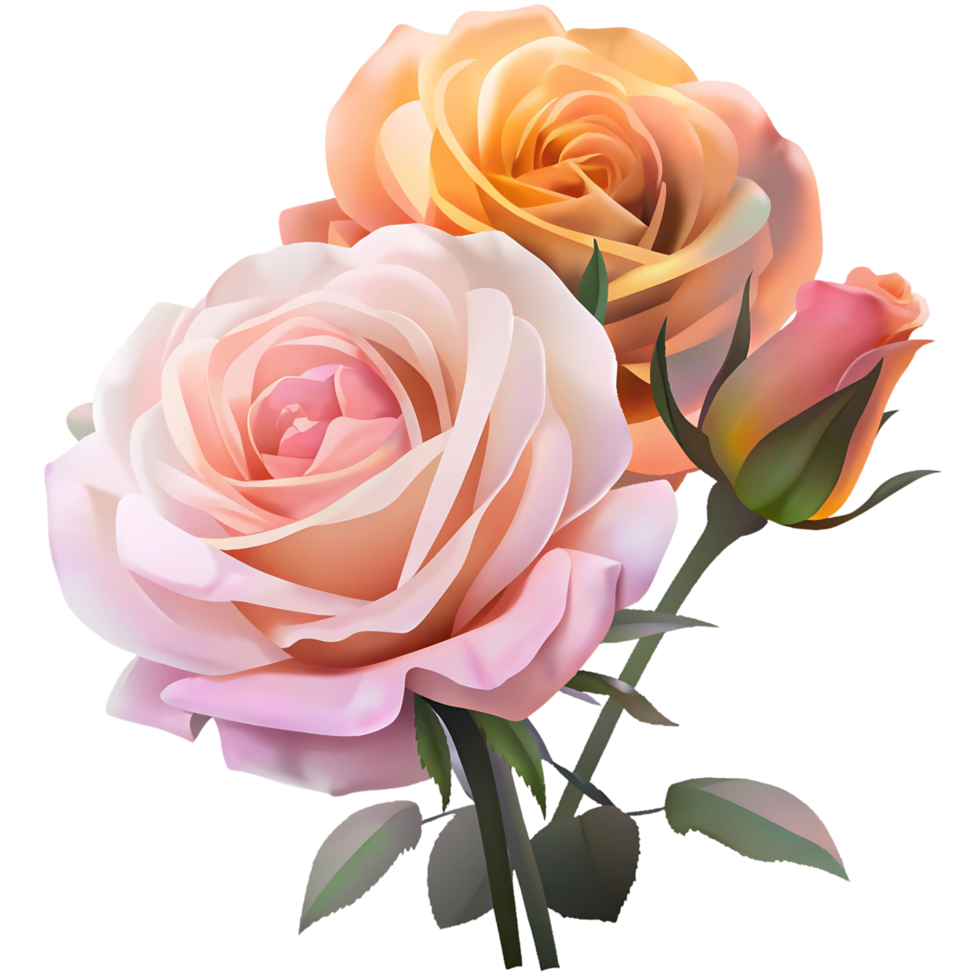 Stunning Bouquet of Peach and Pink Roses with Lush Green Leaves png
