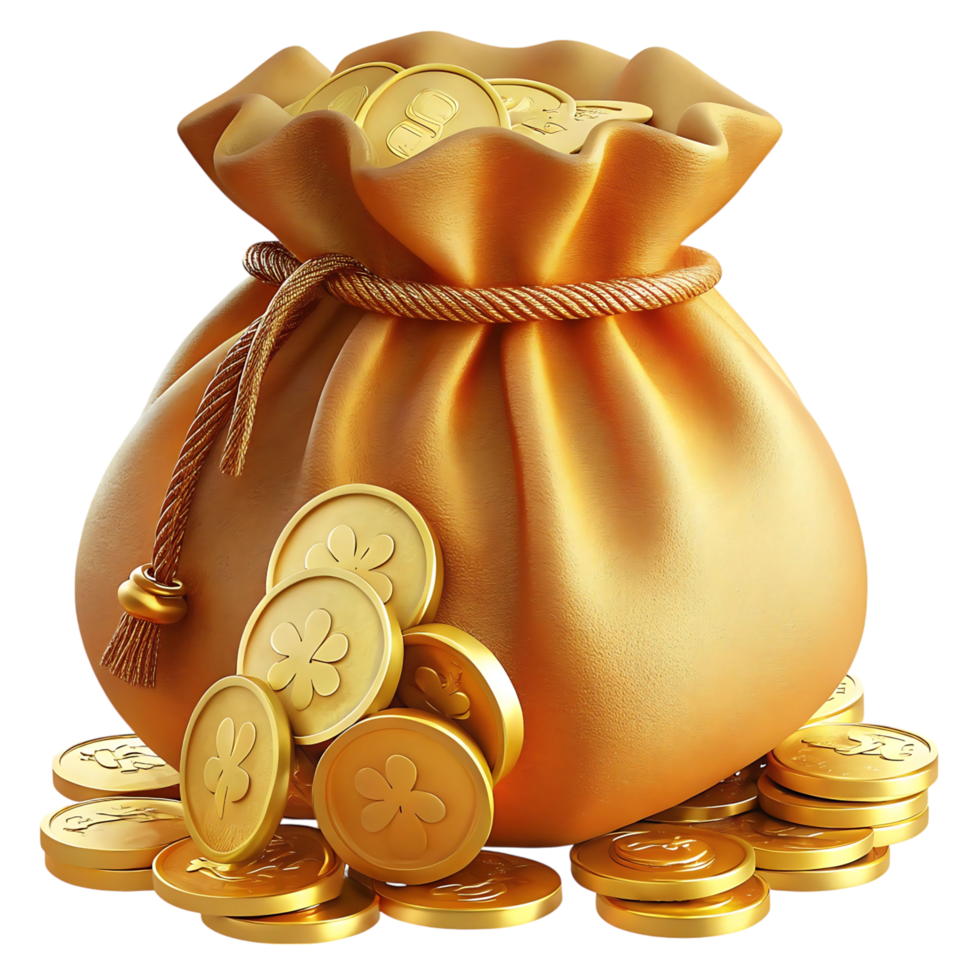 A 3D Render of a Golden Bag Overflowing with Shiny Gold Coins on a transparent Background png