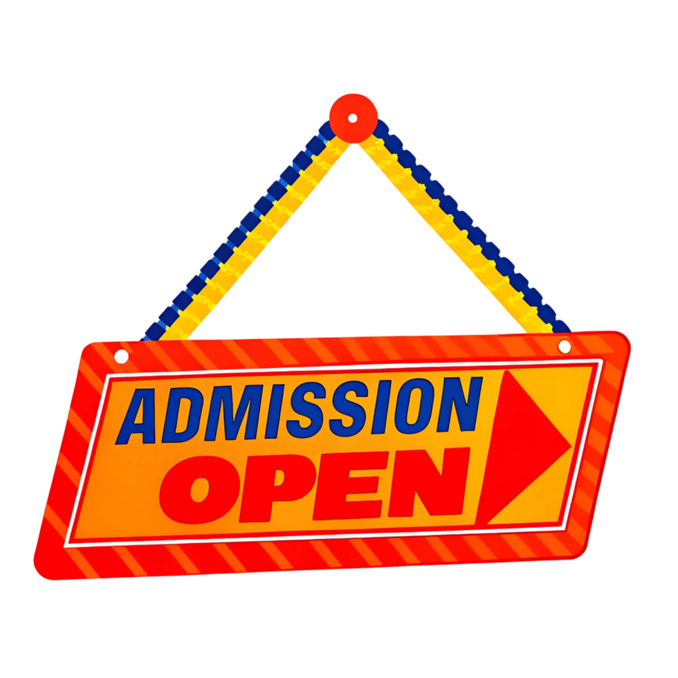 Bright Red and Yellow Admission Open Hanging Sign with Blue Letters and Arrow png