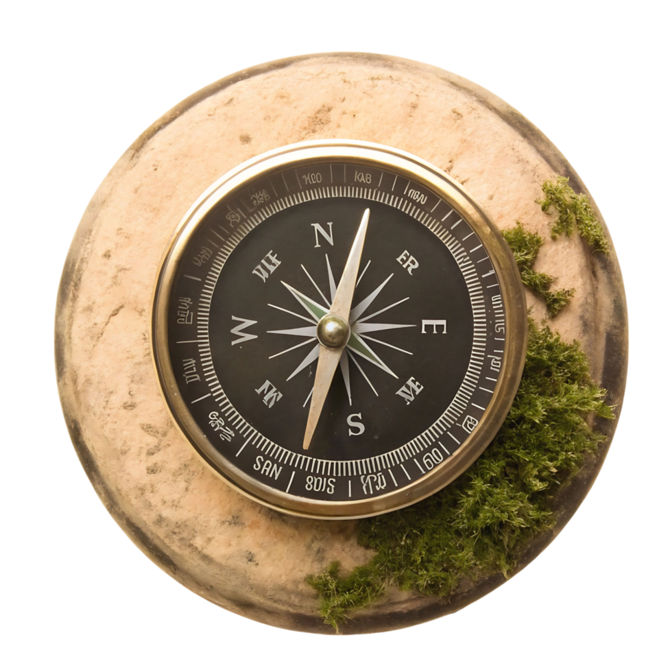 Antique Compass on Mossy Stone Base Navigation Tool for Exploration and Adventure png