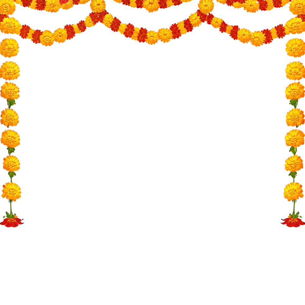 Beautiful Floral Garland Frame with Orange and Red Flowers on transparent Background for Festive Decoration png
