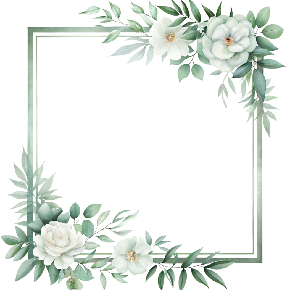 Elegant Watercolor Floral Frame with White Roses and Green Leaves Botanical Illustration png