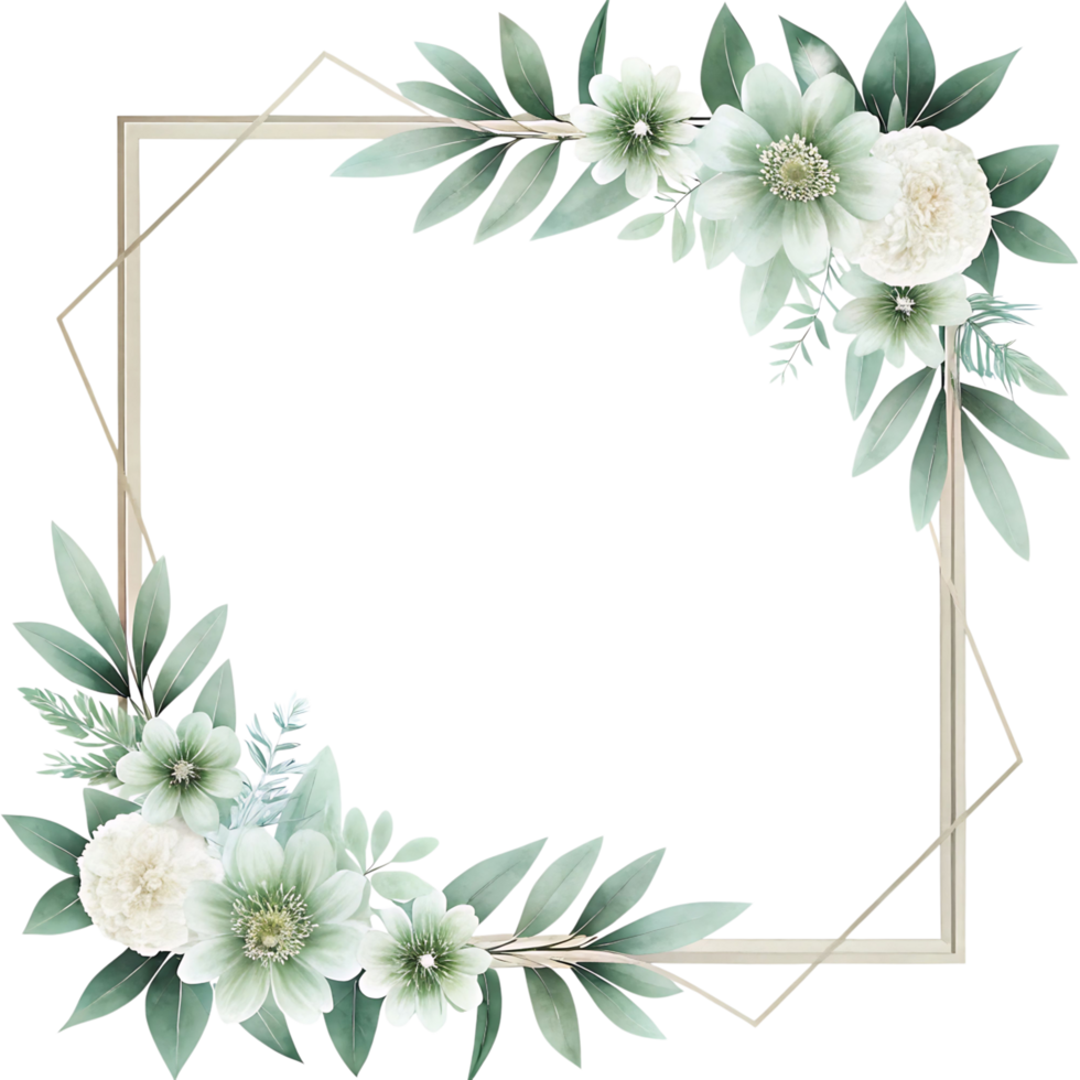 Elegant Watercolor Floral Frame with Green and White Flowers and Greenery png