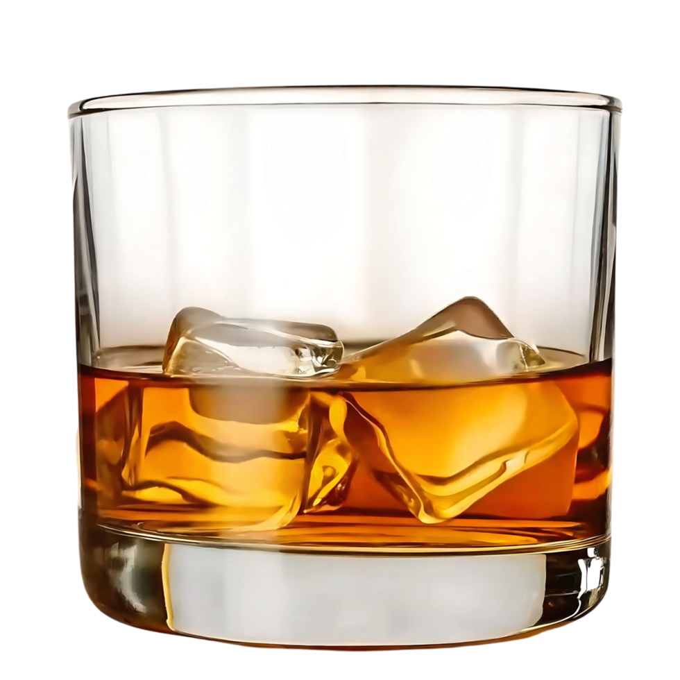 A rocks glass of amber liquid with ice cubes reflecting light on a transparent background, perfect for whiskey or bourbon png