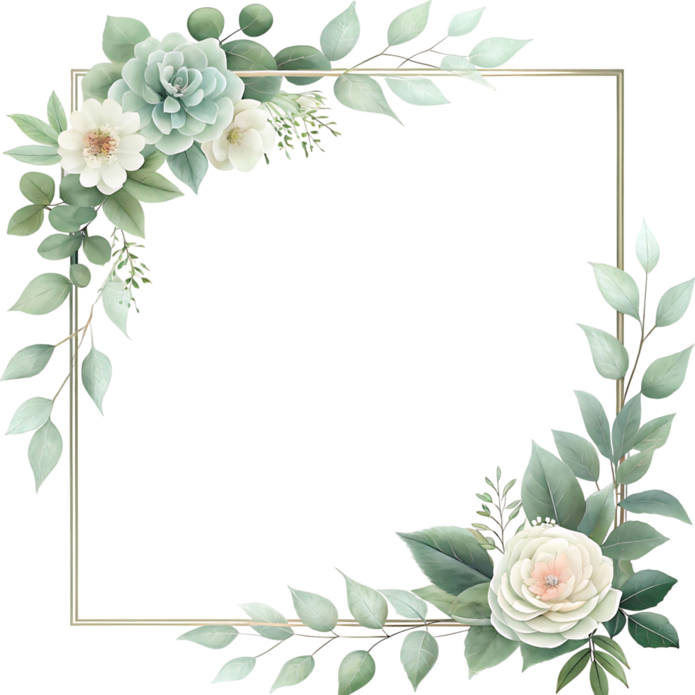 Elegant Square Frame with Watercolor Flowers and Greenery png