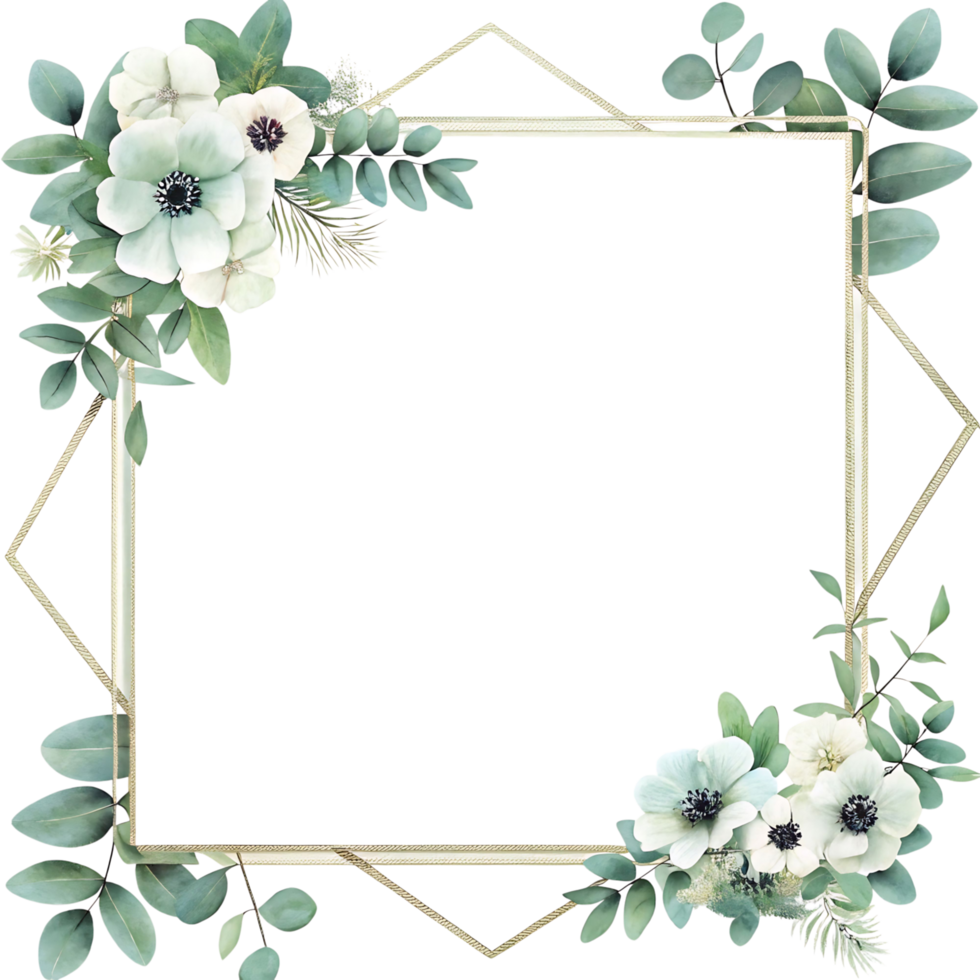 Elegant Watercolor Floral Frame with Green Leaves and White Flowers for Wedding Invitation or Greeting Card Design png