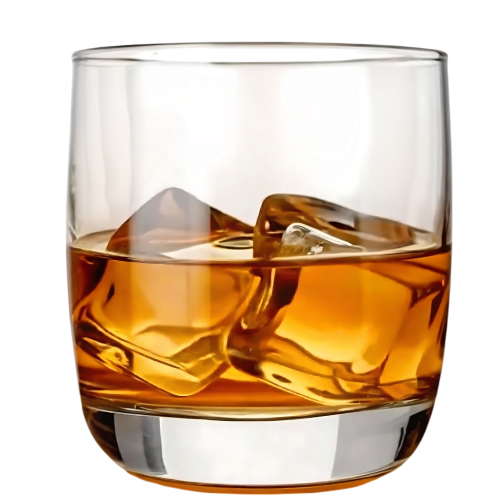 A rocks glass of amber liquid with ice cubes, a refreshing drink perfect for a nightcap png
