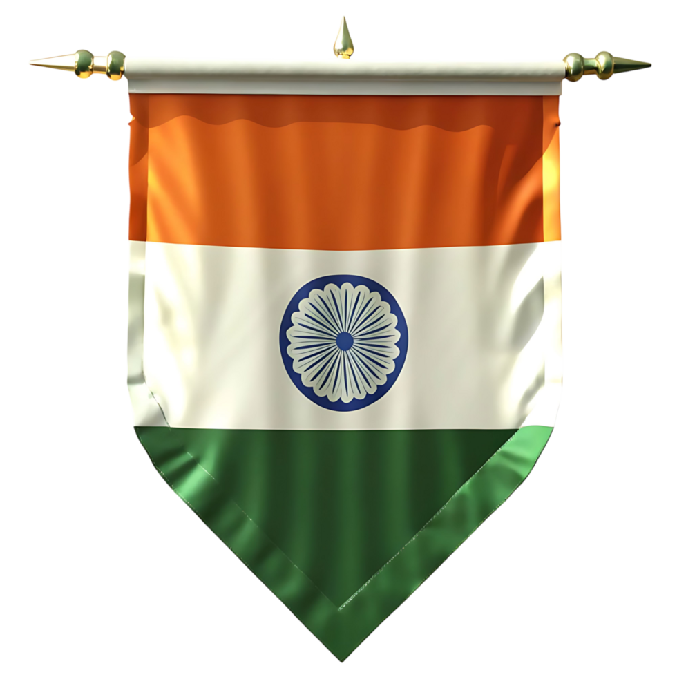 Indian National Flag Pennant Hanging on Golden Stand against transparent Background png