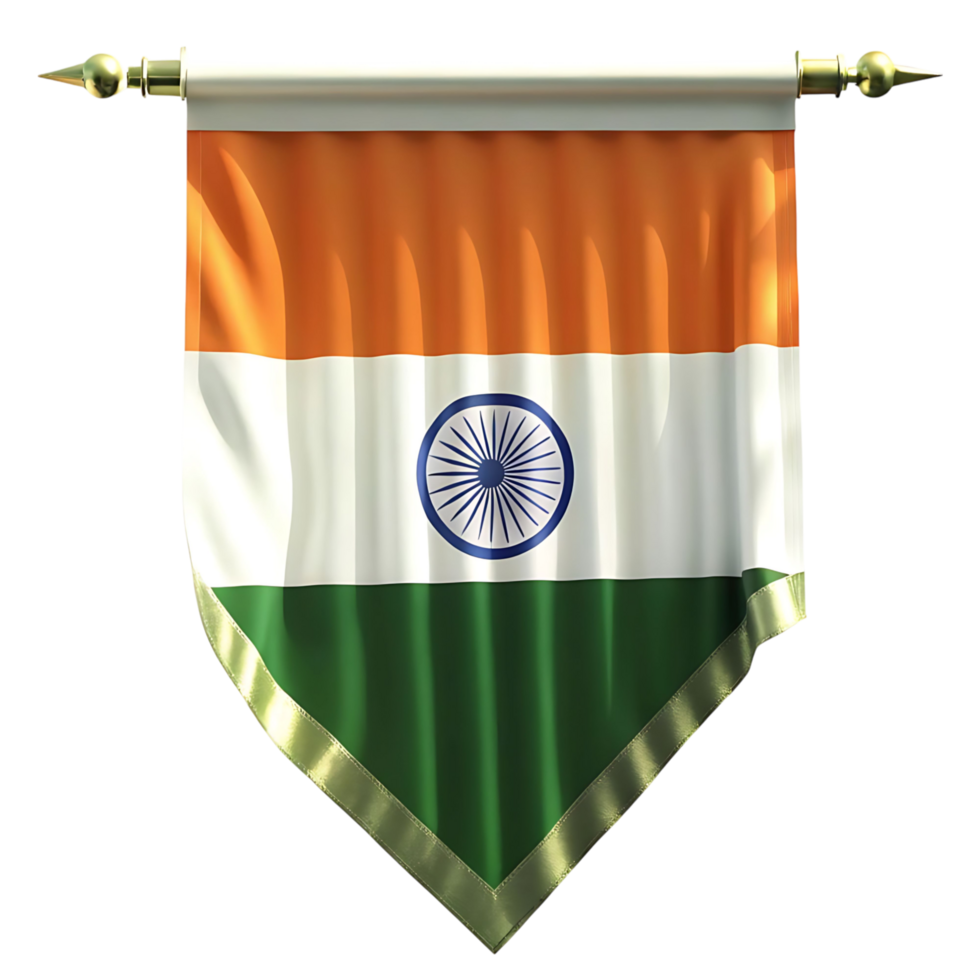 A Beautifully Rendered 3D of an Indian Flag Pennant Hanging from a Golden Pole Against a transparent Background png
