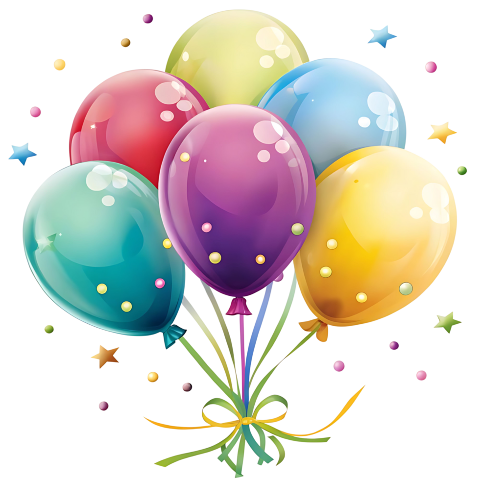 A delightful bunch of colorful balloons tied together with a yellow ribbon and surrounded by confetti stars png