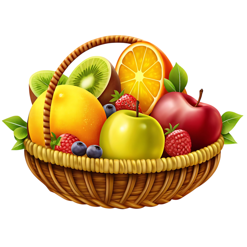 A delightful wicker basket overflowing with a vibrant assortment of fresh fruits including apples, oranges, kiwi, blueberries, raspberries and strawberries png