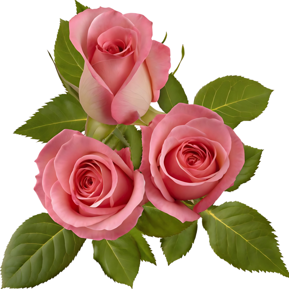 Three Pink Roses with Lush Green Leaves Stunning Floral Arrangement Botanical Beauty png