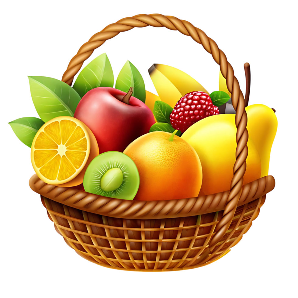 A delightful wicker basket brimming with a colorful assortment of fresh fruits including apples, oranges, kiwi, bananas, raspberries and mangoes png