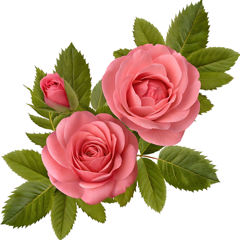 Stunning Bouquet of Three Pink Roses with Lush Green Leaves png
