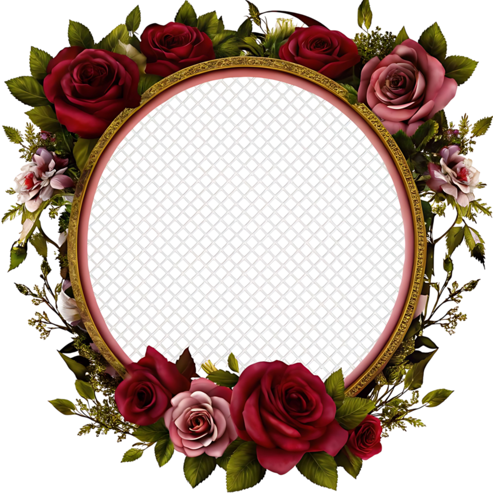 Oval Frame Decorated with Beautiful Red and Pink Roses and Gold Accents png