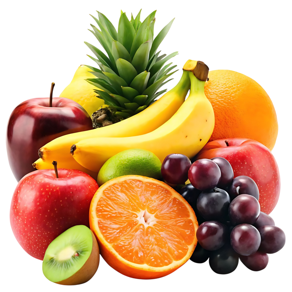 Assortment of Fresh and Vibrant Fruits Including Apples Bananas Oranges Pineapple Kiwi and Grapes png