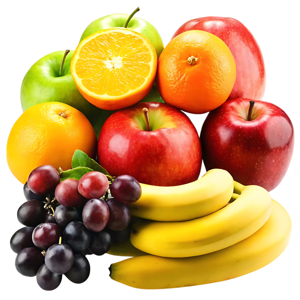 A vibrant collection of fresh fruits including apples oranges bananas and grapes a delightful display of natures goodness png