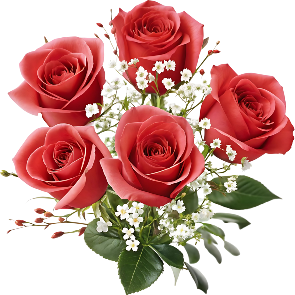 Stunning Bouquet of Four Red Roses and Babys Breath png