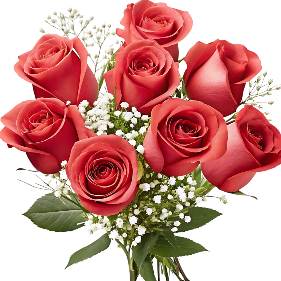 A Stunning Bouquet of Seven Red Roses and Babys Breath png