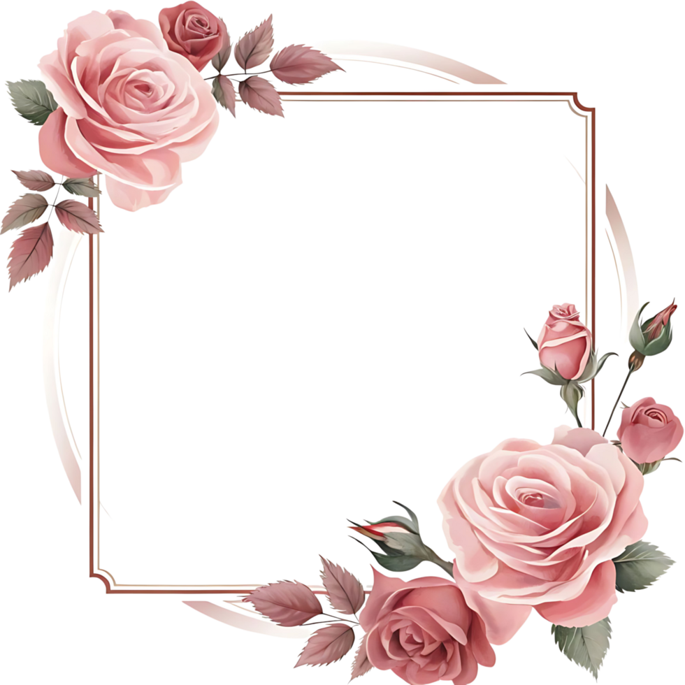 Elegant square frame adorned with pink roses and leaves for wedding invitation or romantic design png