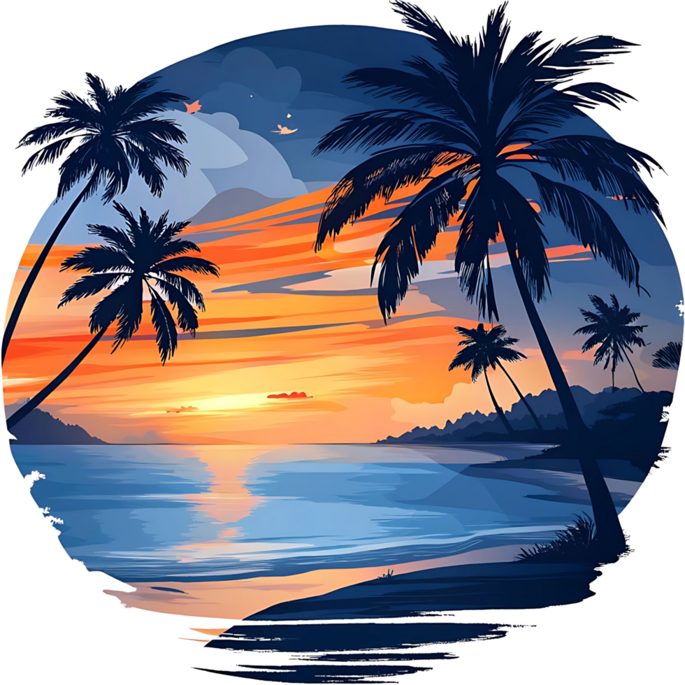 Stunning Sunset over Tropical Beach Paradise with Silhouetted Palm Trees and Calm Ocean Waters png