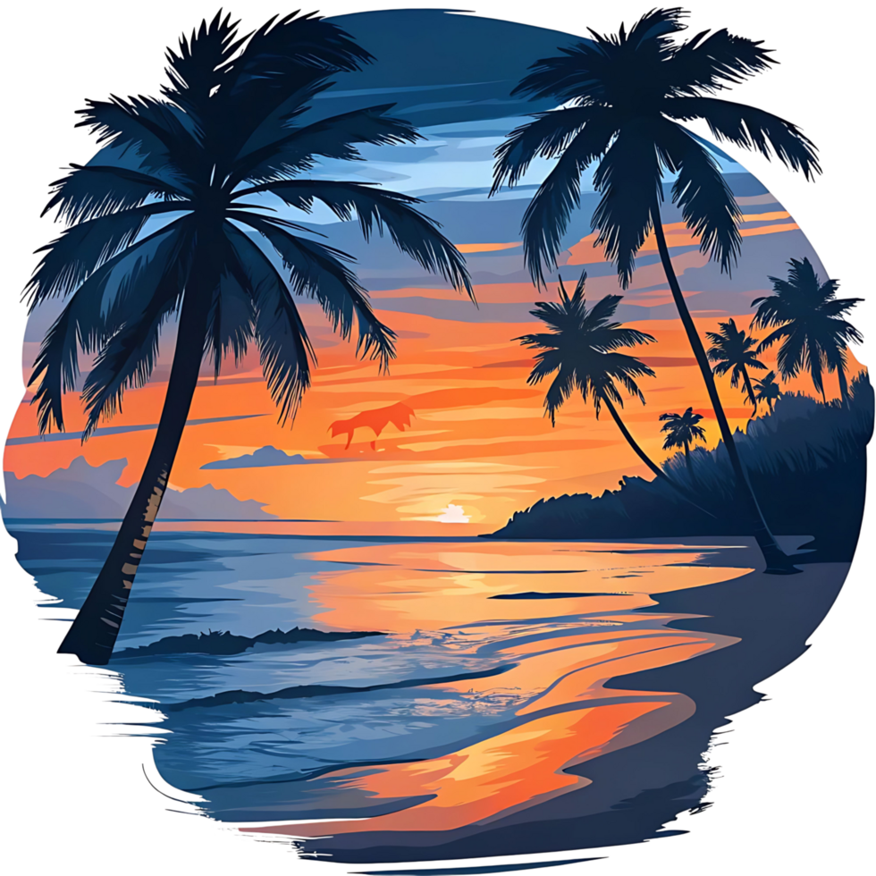 Stunning Sunset at Tropical Beach Paradise with Silhouetted Palm Trees png