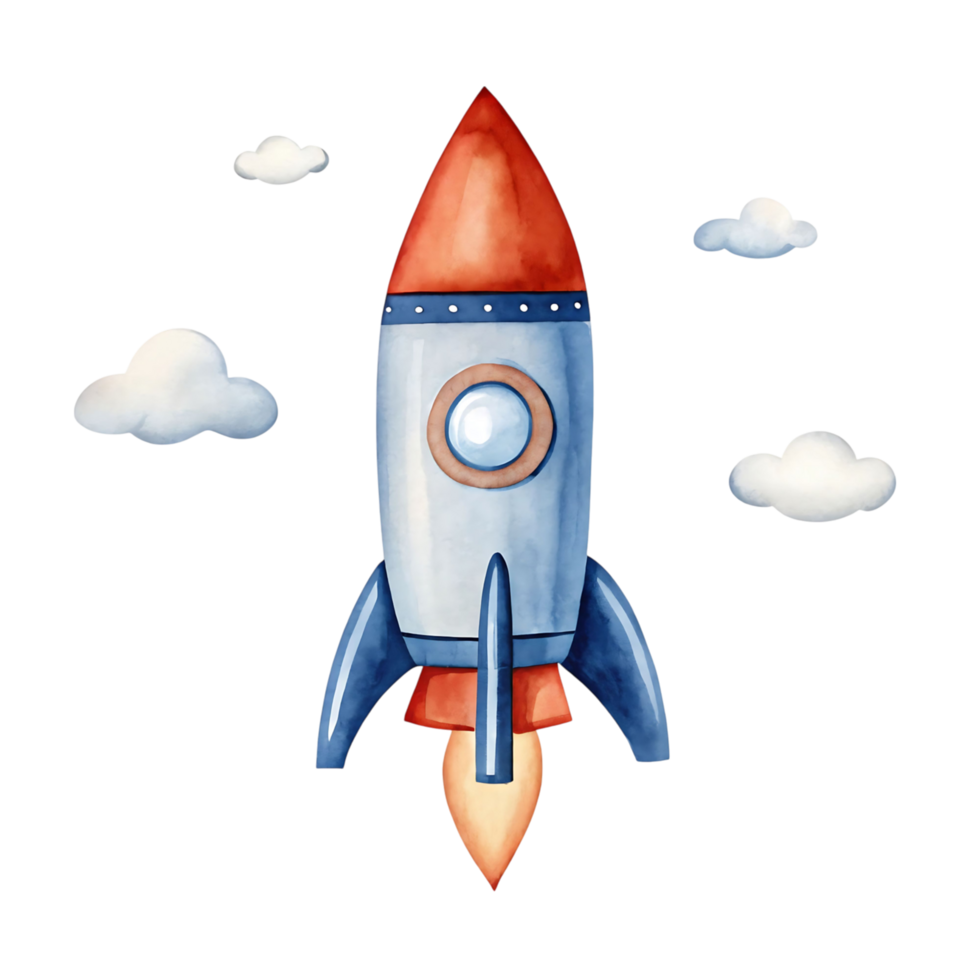 Adorable Watercolor Rocket Ship Launching into Space Surrounded by Clouds png