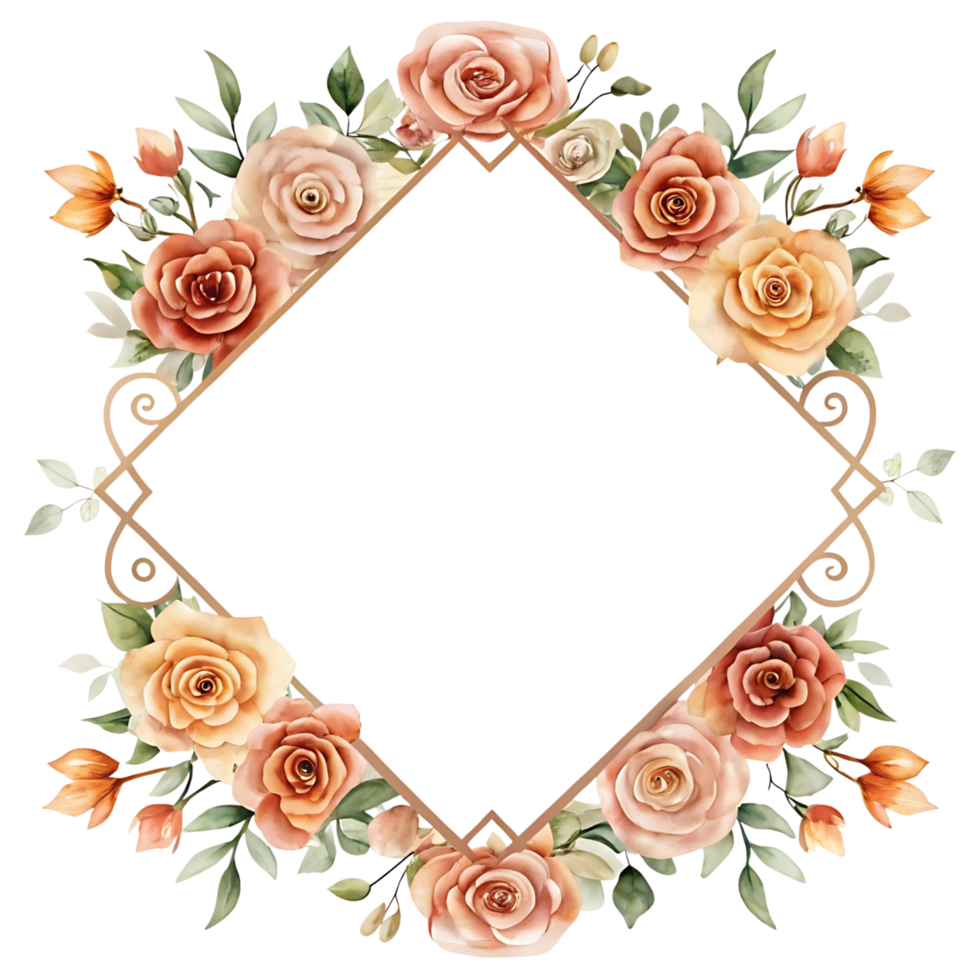 Elegant Watercolor Floral Frame with Peach Roses and Greenery png