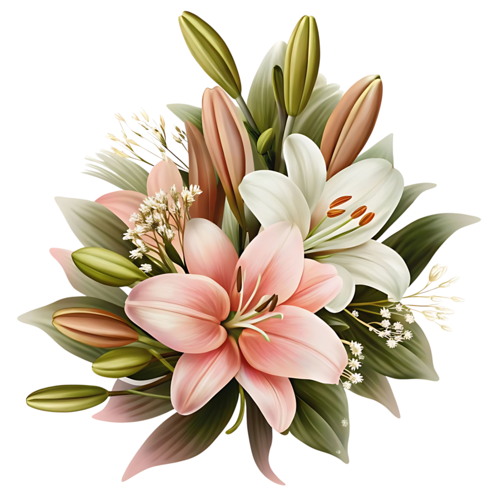 Elegant Bouquet of Pink and White Lilies with Delicate Babys Breath png