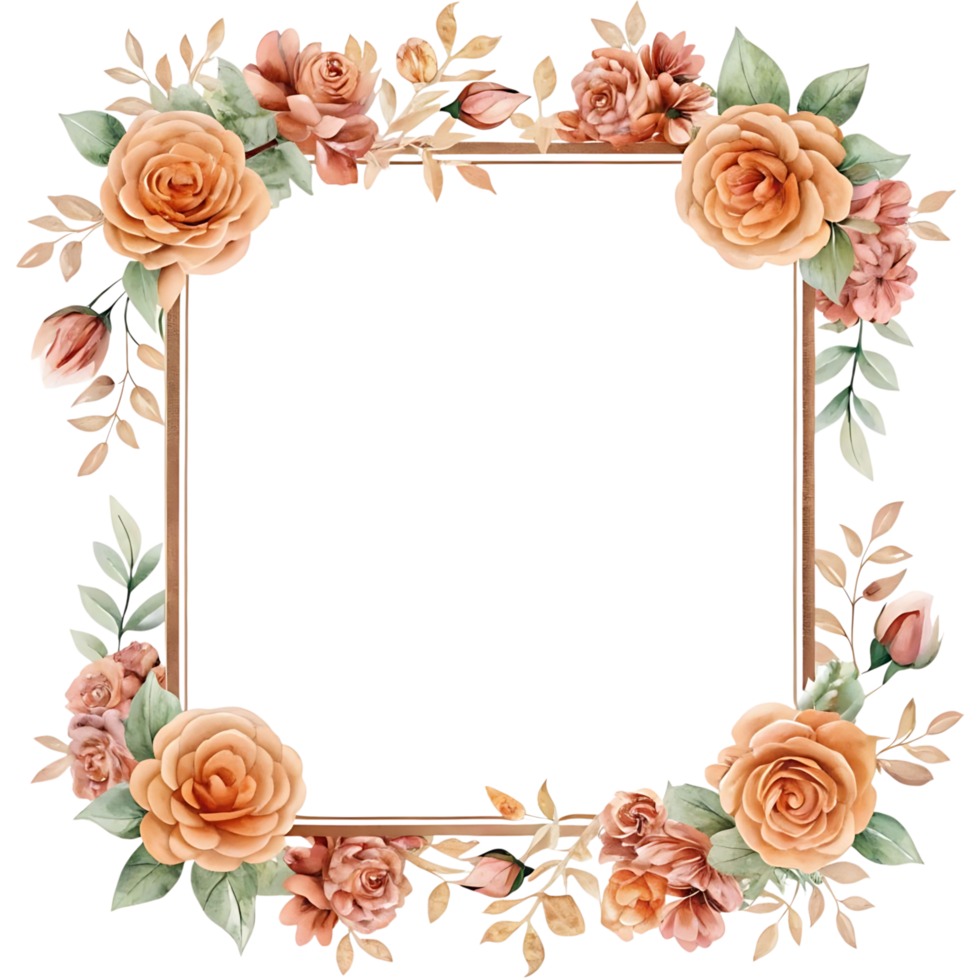 Elegant Watercolor Peach Rose Square Frame Border Floral Design Element png