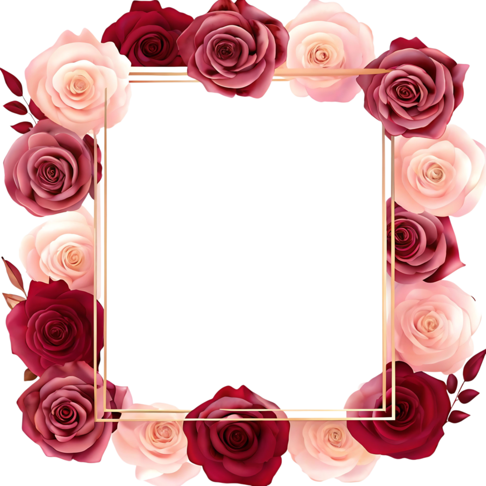 Beautiful Arrangement of Pink and Red Roses with a Golden Frame Elegant Floral Design Romantic Wedding Invitation Botanical transparent png