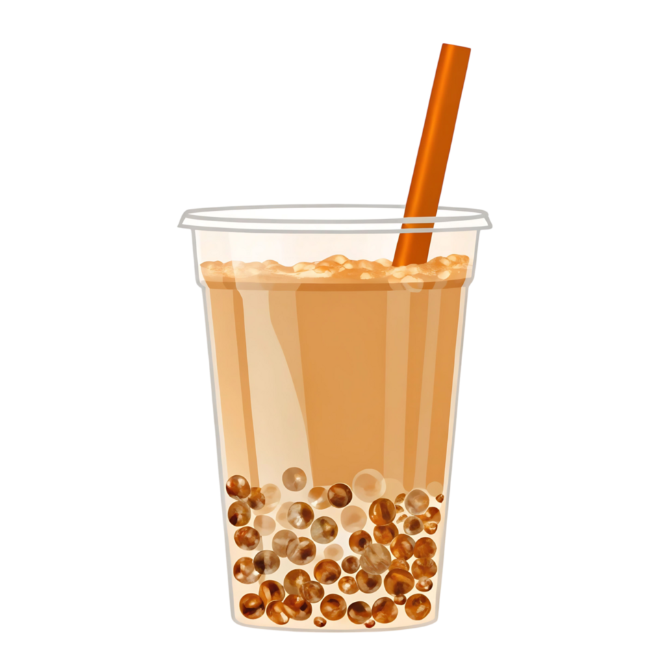 Delicious Brown Sugar Boba Milk Tea in a Plastic Cup with Orange Straw png