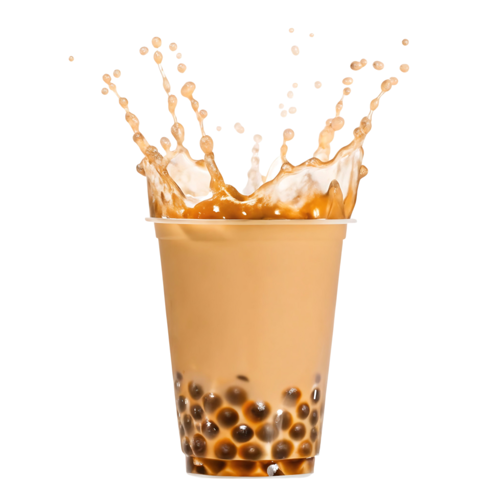 Delicious Brown Sugar Boba Tea with Milk Splashing in a Clear Cup png