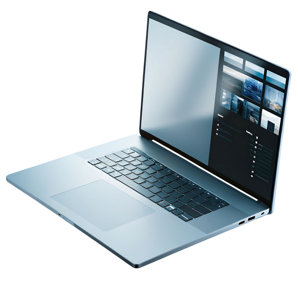 Sleek Modern Laptop Computer with a Blue Aluminum Body and High Resolution Display Showing a Media Gallery png