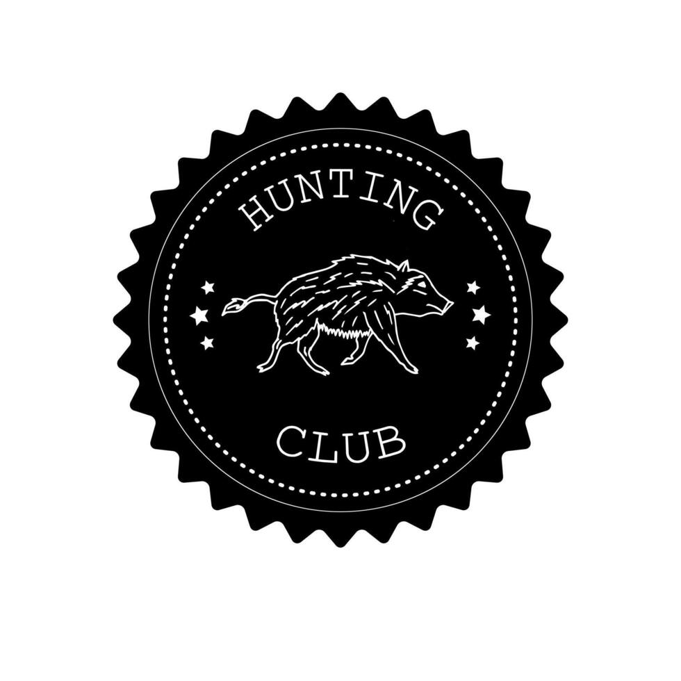 Flat retro round hunting logo with wild boar isolated on white background vector