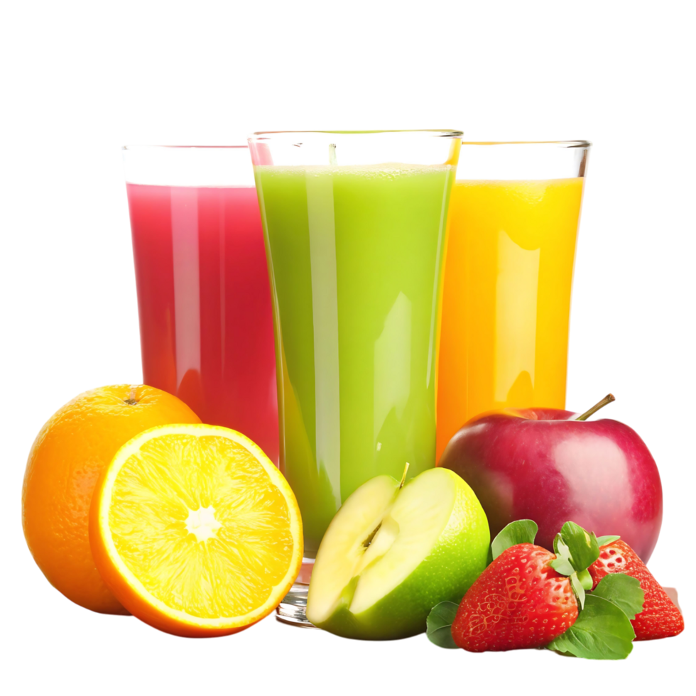 Refreshing Fruit Juices with Sliced Oranges Apples and Strawberries png