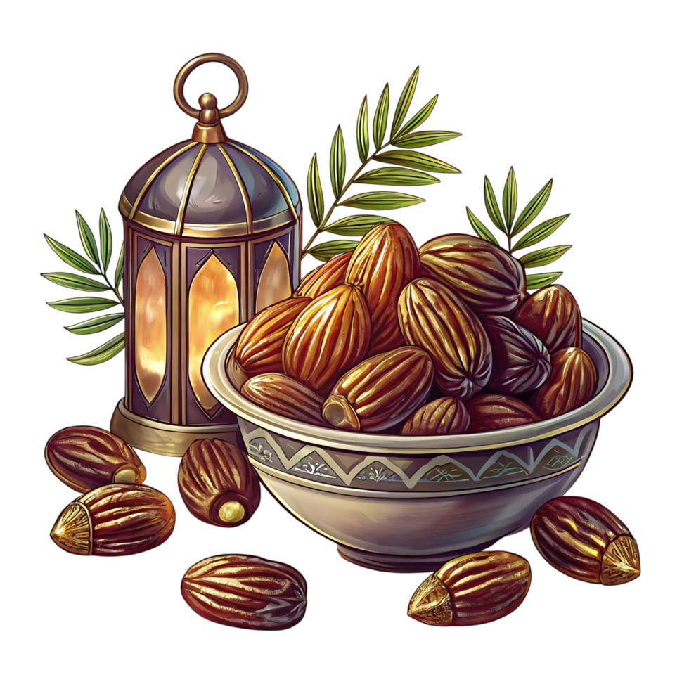 A Bowl of Dates with a Lantern and Palm Leaves A Festive Ramadan Still Life png
