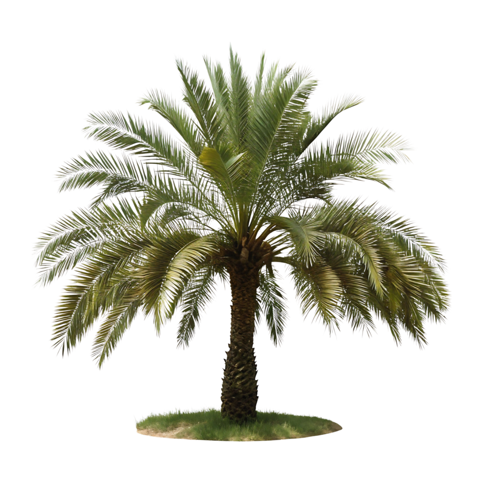 A majestic date palm tree isolated on a transparent background shows lush green fronds and a thick brown trunk rooted in a small patch of grass png