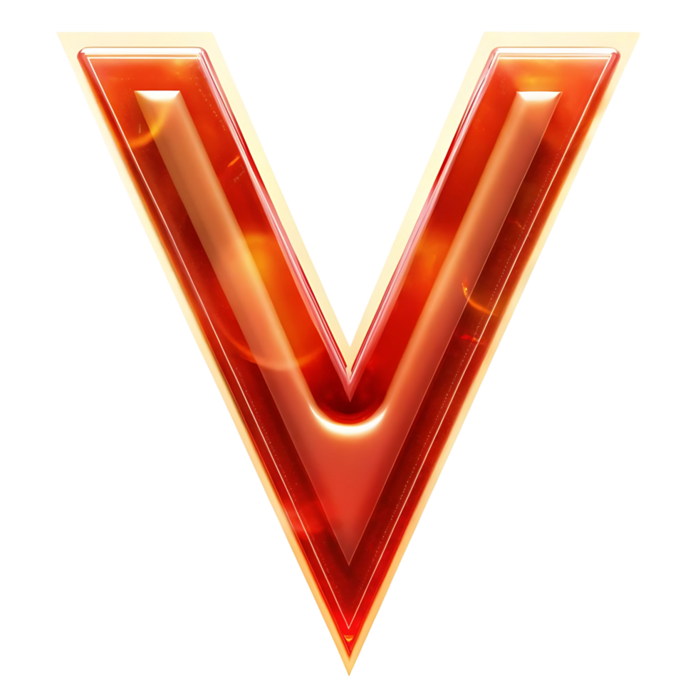 V letter glowing red and orange with gold trim on transparent background 3D rendering png