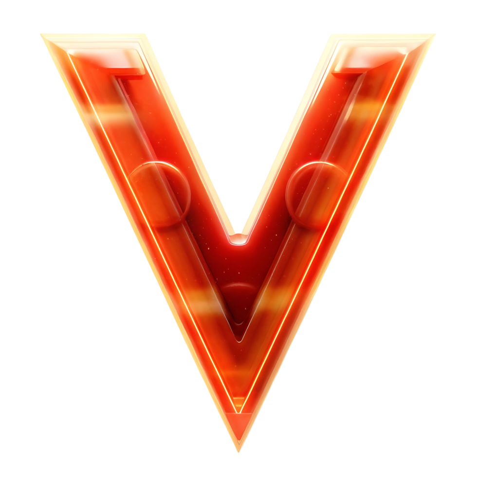 Vibrant Orange Glass V Letter 3D Render with Inner Glow and Reflections on transparent Background png