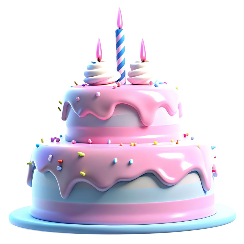 A delightful two layered pink birthday cake with three candles and colorful sprinkles png