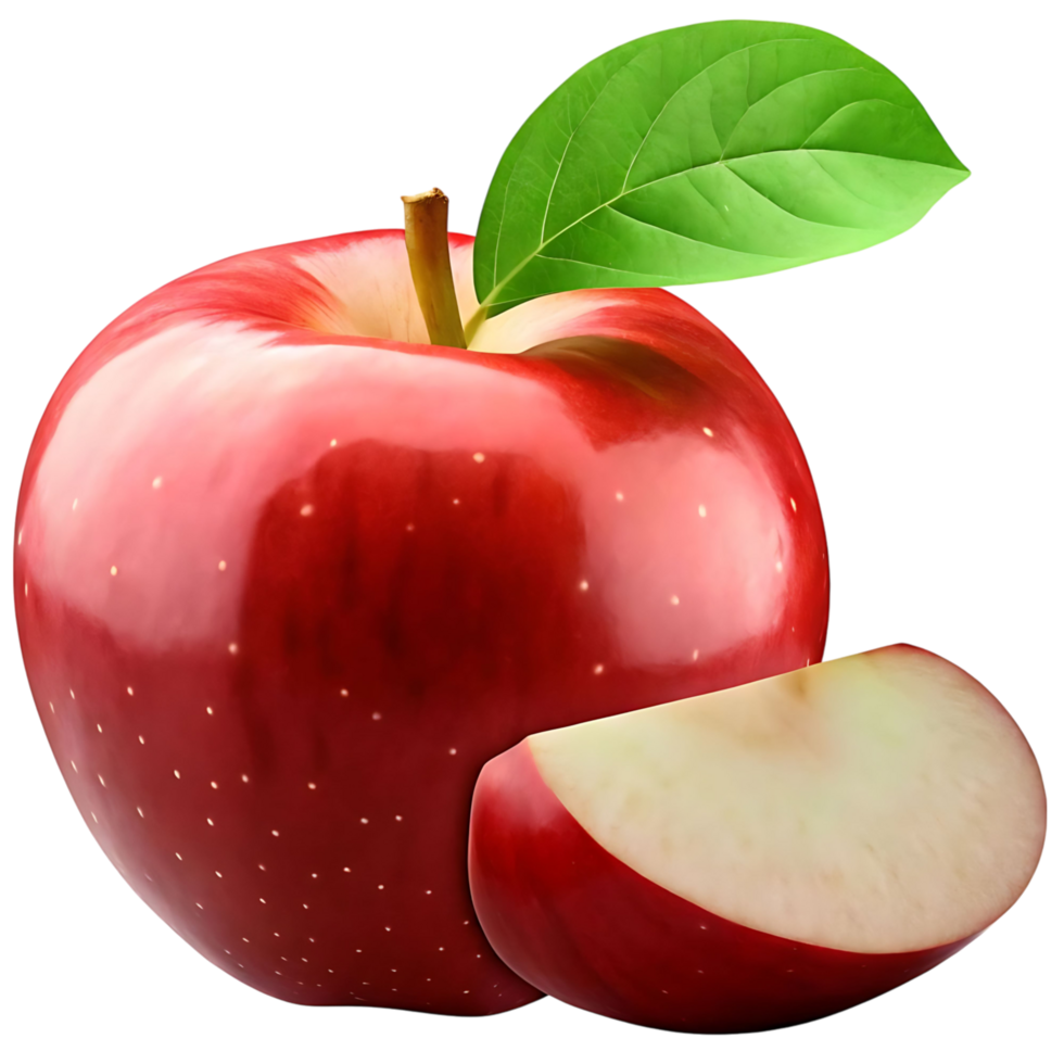 A perfectly ripe red apple with a juicy slice isolated on a transparent background showing incredible detail png